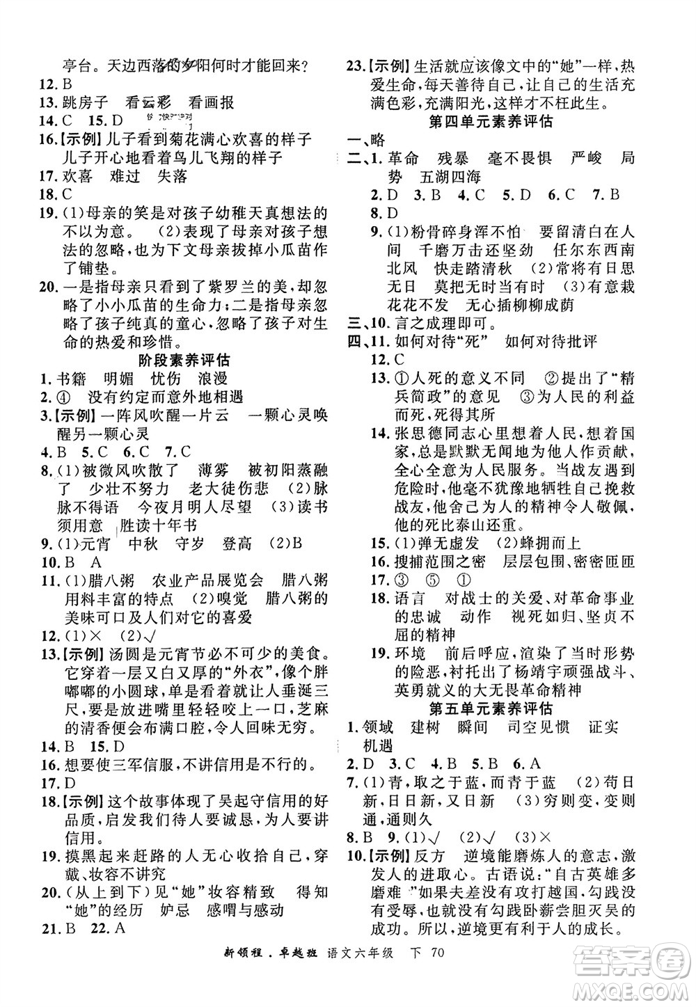 合肥工業(yè)大學出版社2024年春新領(lǐng)程六年級語文下冊通用版參考答案