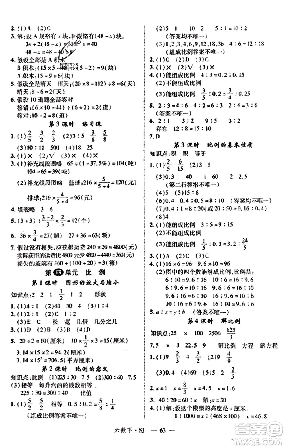 寧夏人民教育出版社2024年春新領(lǐng)程六年級(jí)數(shù)學(xué)下冊蘇教版參考答案