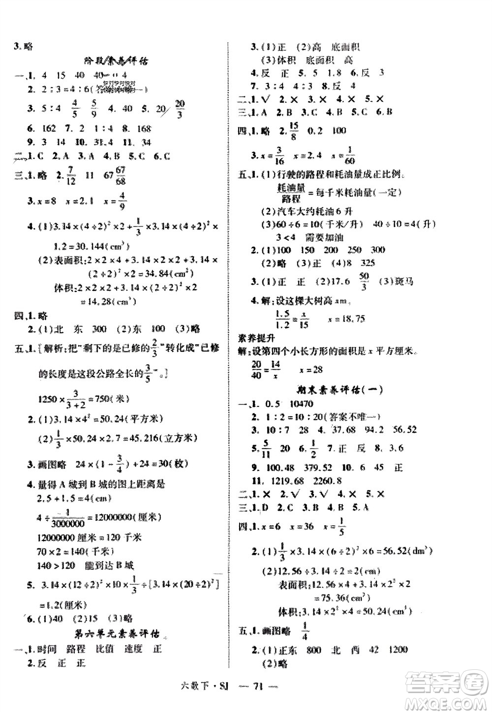 寧夏人民教育出版社2024年春新領(lǐng)程六年級(jí)數(shù)學(xué)下冊蘇教版參考答案