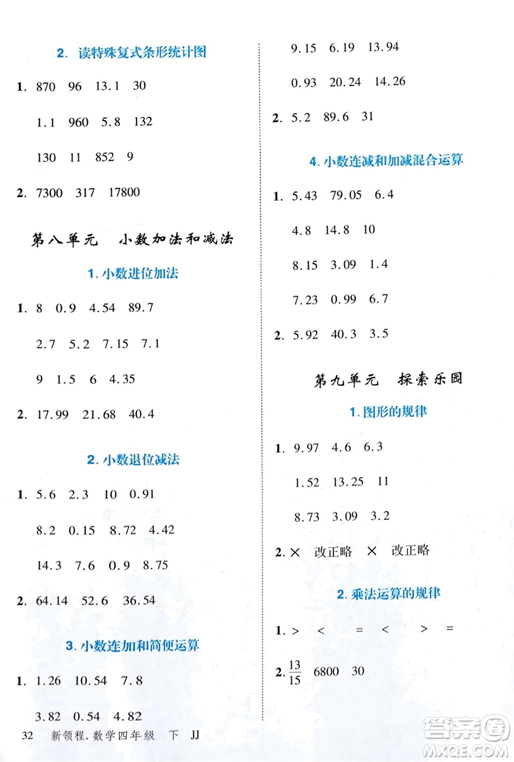 合肥工業(yè)大學(xué)出版社2024年春新領(lǐng)程四年級(jí)數(shù)學(xué)下冊(cè)冀教版參考答案