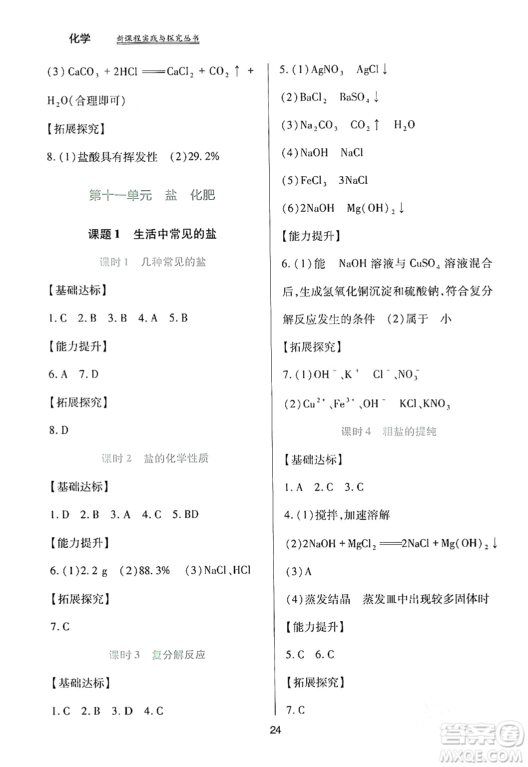 四川教育出版社2024年春新課程實(shí)踐與探究叢書九年級(jí)化學(xué)下冊(cè)人教版答案