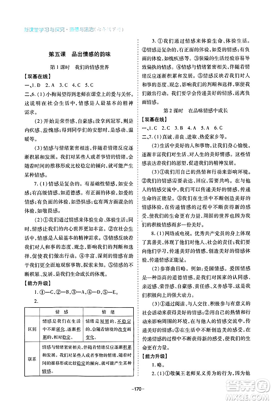 青島出版社2024年春新課堂學(xué)習(xí)與探究七年級(jí)道德與法治下冊(cè)通用版答案