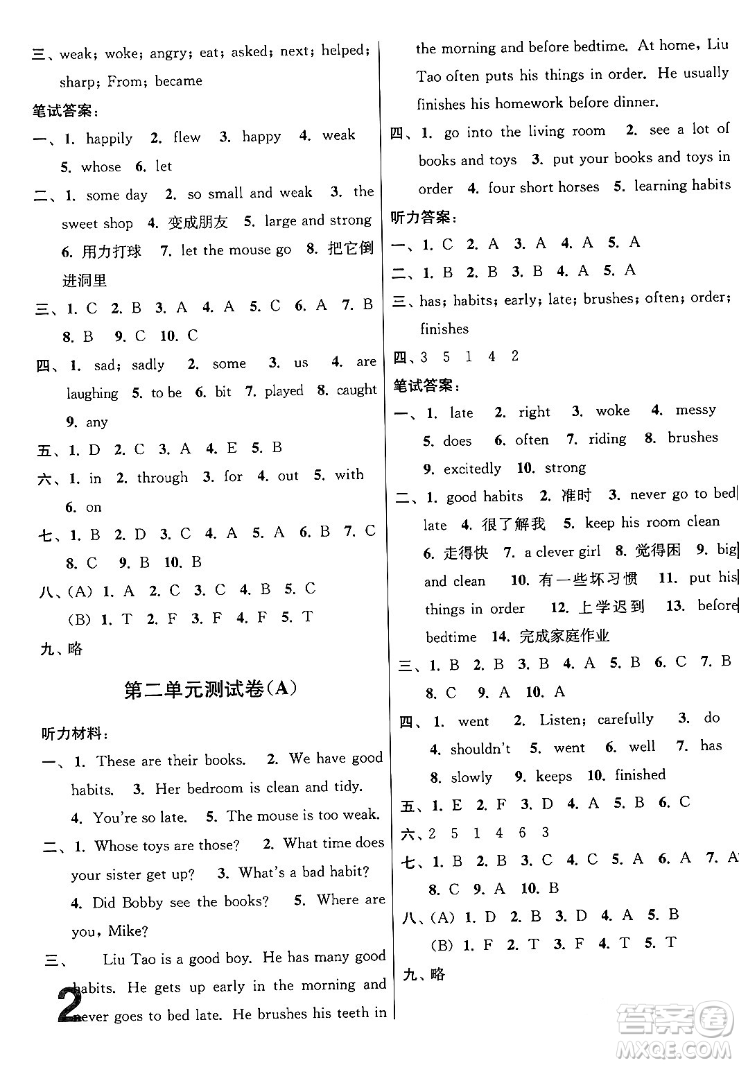 江蘇鳳凰美術出版社2024年春隨堂測試卷六年級英語下冊江蘇版答案