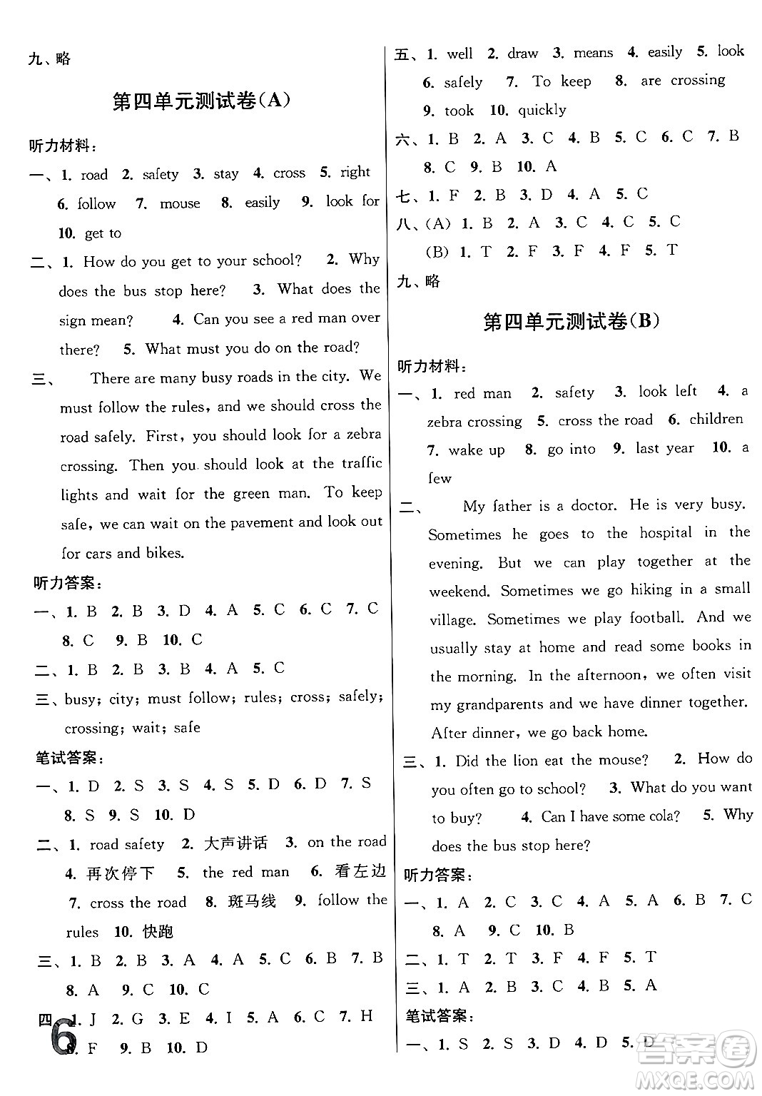 江蘇鳳凰美術出版社2024年春隨堂測試卷六年級英語下冊江蘇版答案