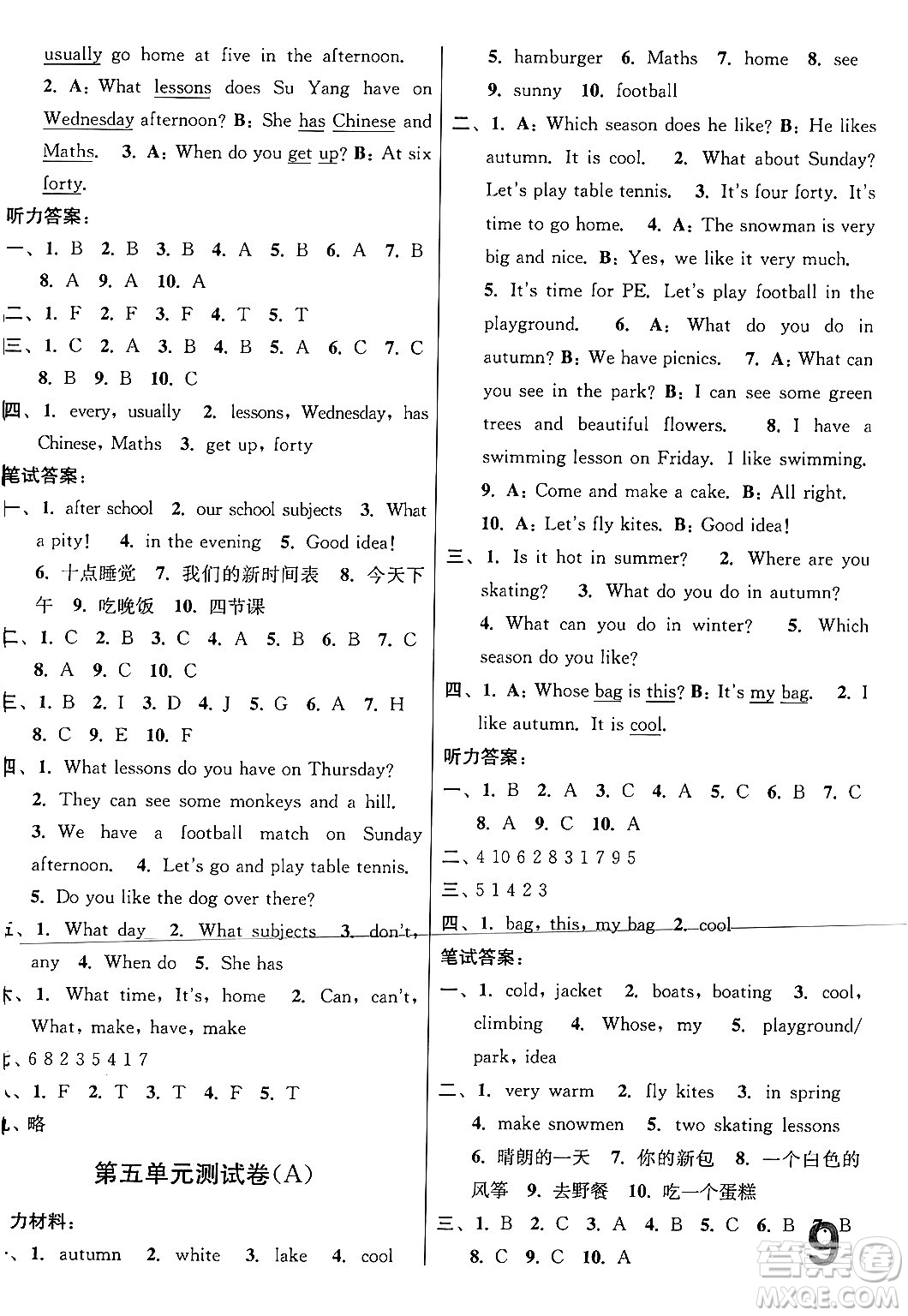 江蘇鳳凰美術(shù)出版社2024年春隨堂測(cè)試卷四年級(jí)英語下冊(cè)江蘇版答案