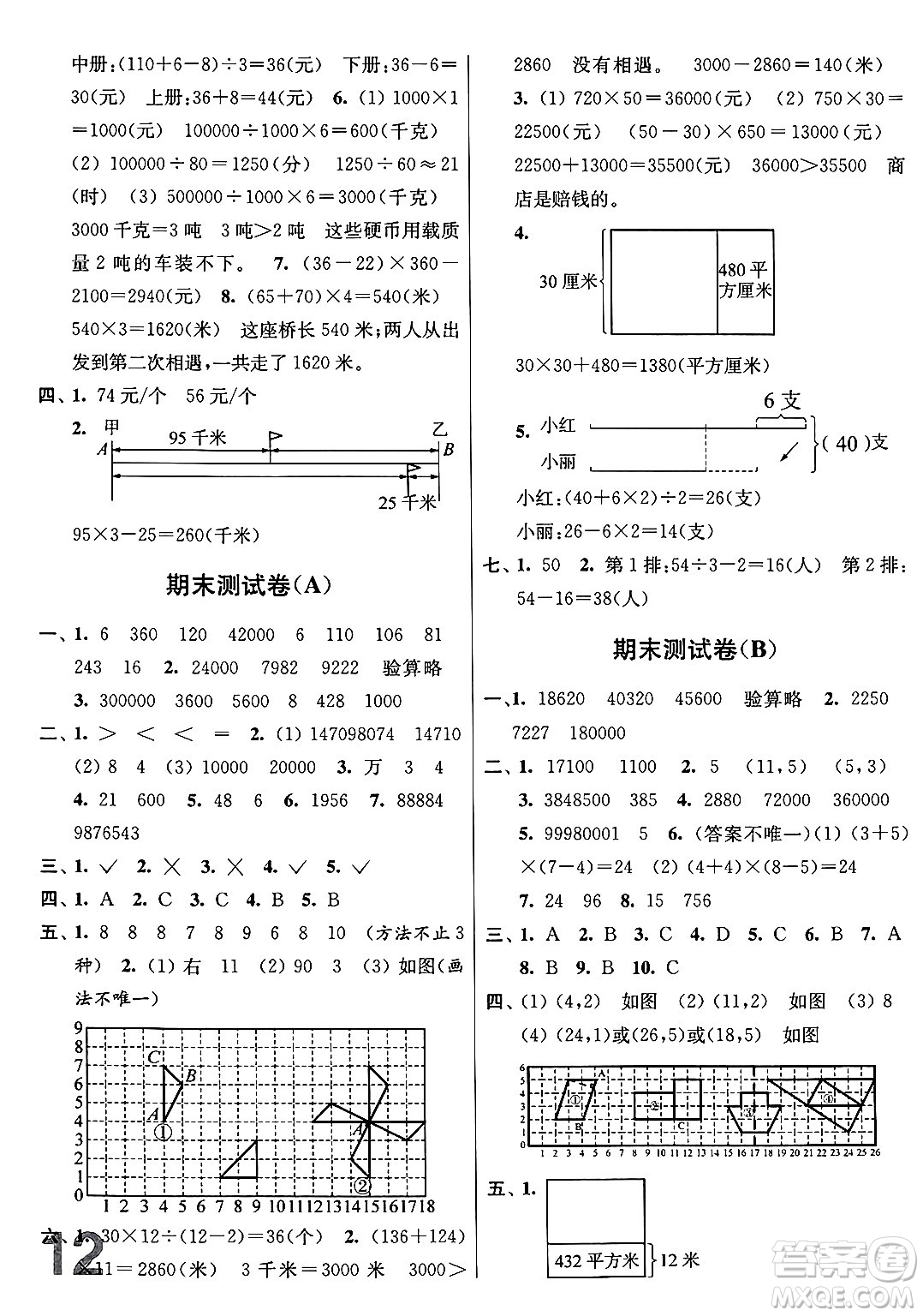 江蘇鳳凰美術(shù)出版社2024年春隨堂測(cè)試卷四年級(jí)數(shù)學(xué)下冊(cè)江蘇版答案