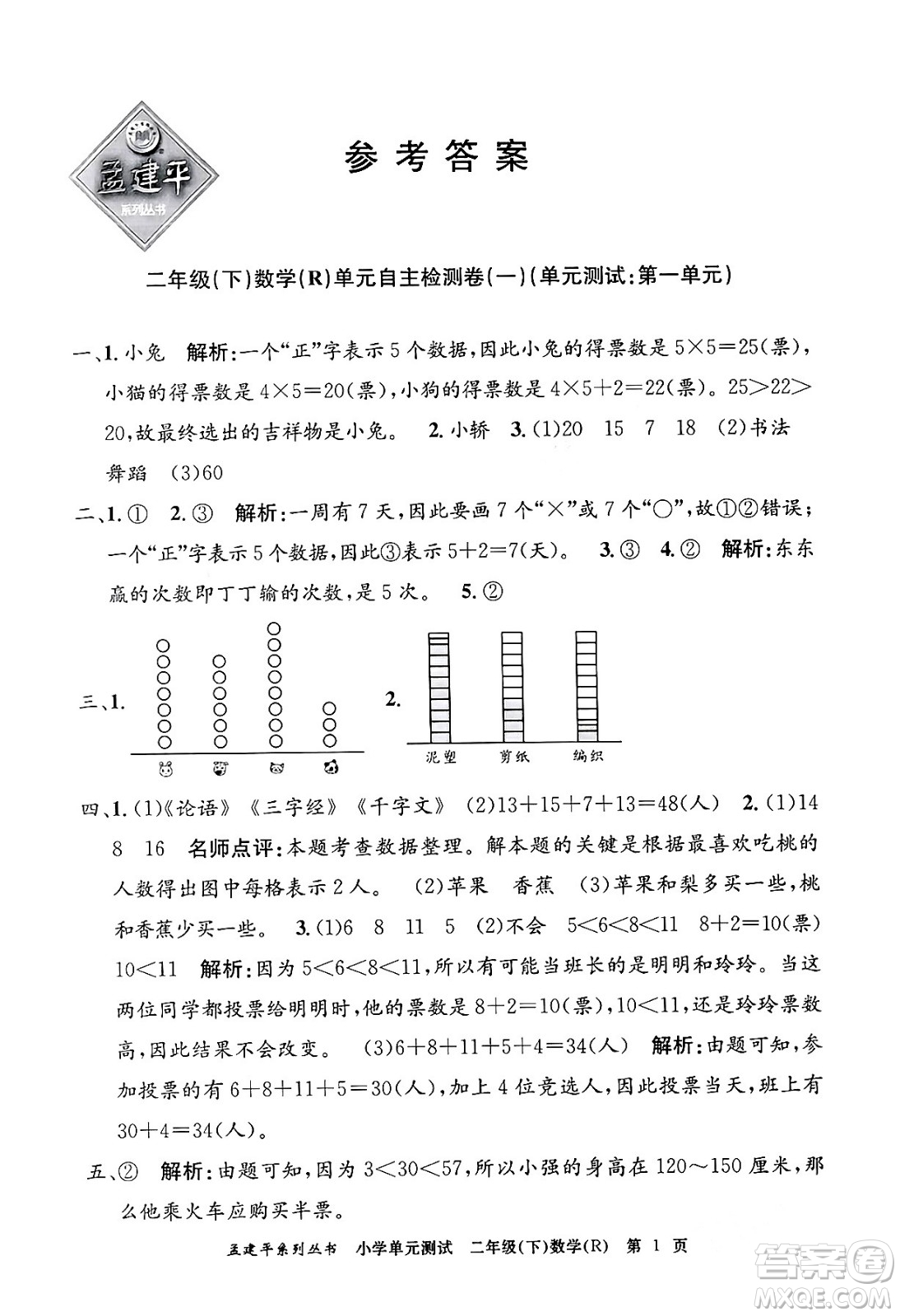 浙江工商大學(xué)出版社2024年春孟建平小學(xué)單元測(cè)試二年級(jí)數(shù)學(xué)下冊(cè)人教版答案