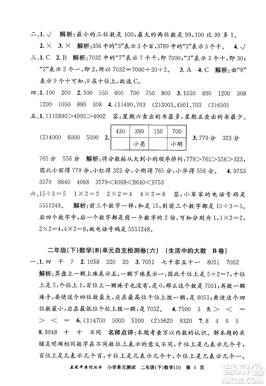 浙江工商大學出版社2024年春孟建平小學單元測試二年級數學下冊北師大版答案