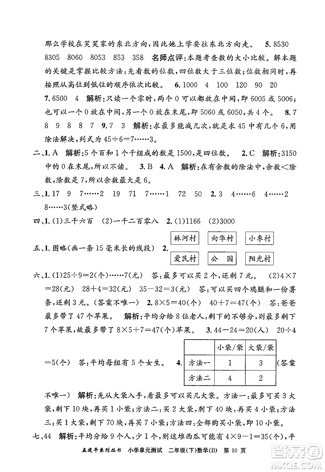 浙江工商大學出版社2024年春孟建平小學單元測試二年級數學下冊北師大版答案