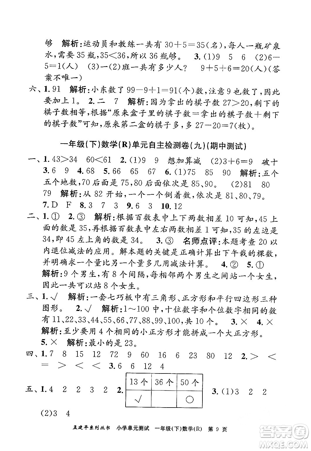 浙江工商大學(xué)出版社2024年春孟建平小學(xué)單元測(cè)試一年級(jí)數(shù)學(xué)下冊(cè)人教版答案