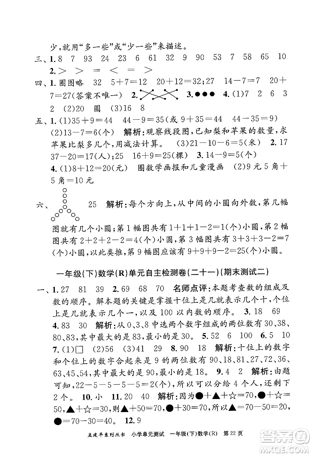 浙江工商大學(xué)出版社2024年春孟建平小學(xué)單元測(cè)試一年級(jí)數(shù)學(xué)下冊(cè)人教版答案