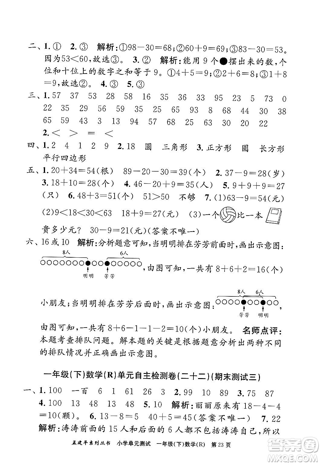 浙江工商大學(xué)出版社2024年春孟建平小學(xué)單元測(cè)試一年級(jí)數(shù)學(xué)下冊(cè)人教版答案