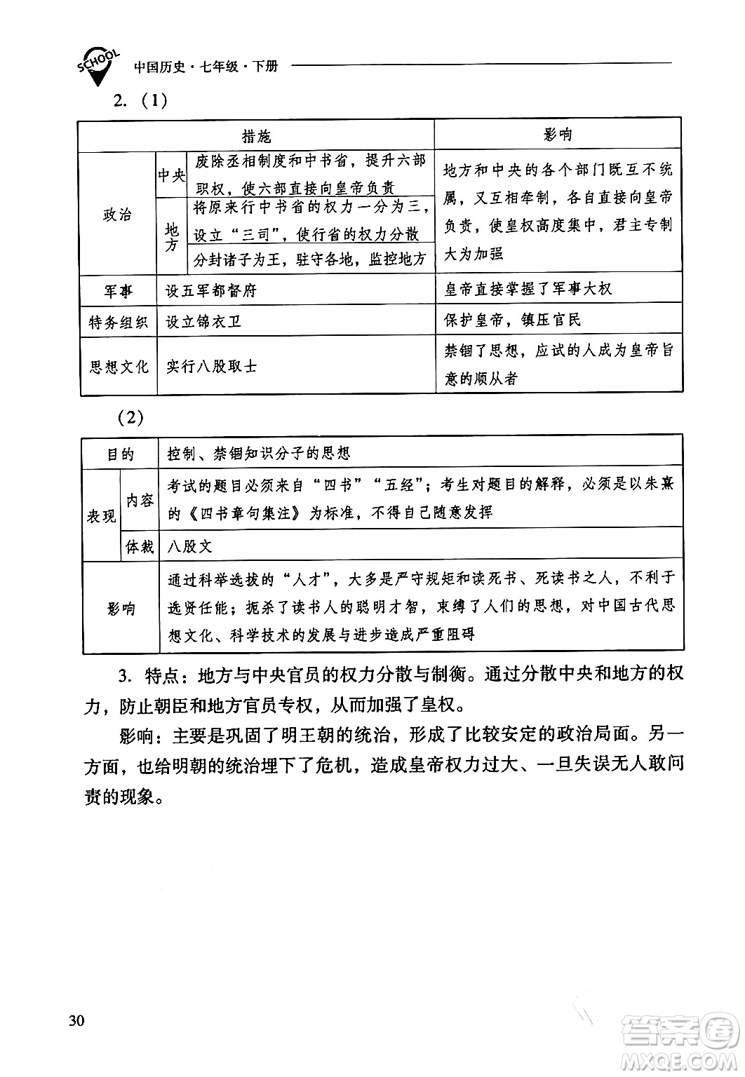 山西教育出版社2024年春新課程問題解決導(dǎo)學(xué)方案七年級歷史下冊人教版答案