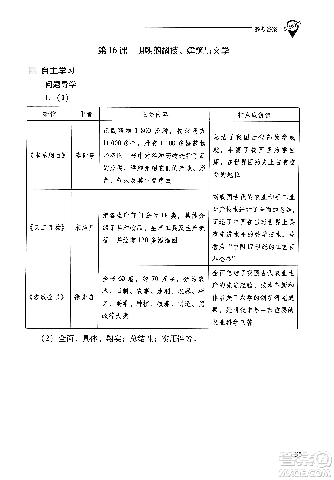 山西教育出版社2024年春新課程問題解決導(dǎo)學(xué)方案七年級歷史下冊人教版答案