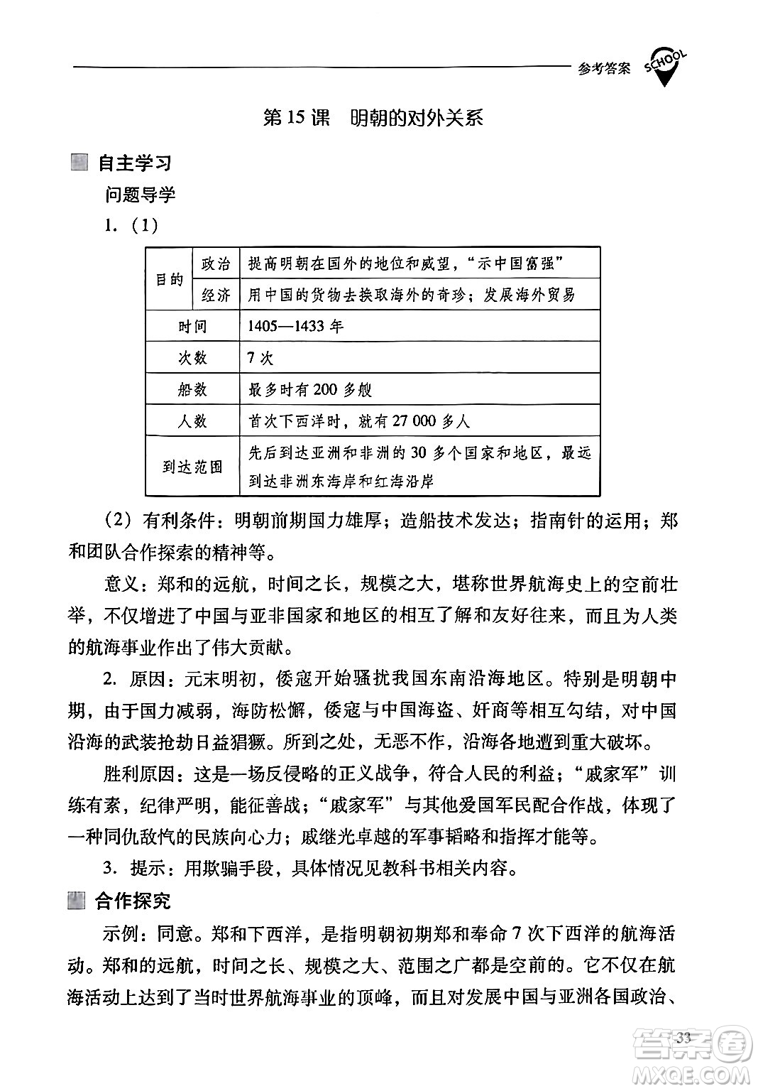 山西教育出版社2024年春新課程問題解決導(dǎo)學(xué)方案七年級歷史下冊人教版答案