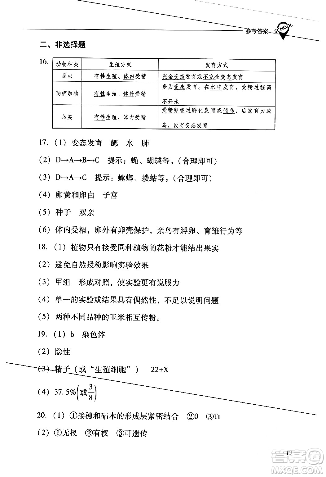 山西教育出版社2024年春新課程問題解決導學方案八年級生物下冊人教版答案