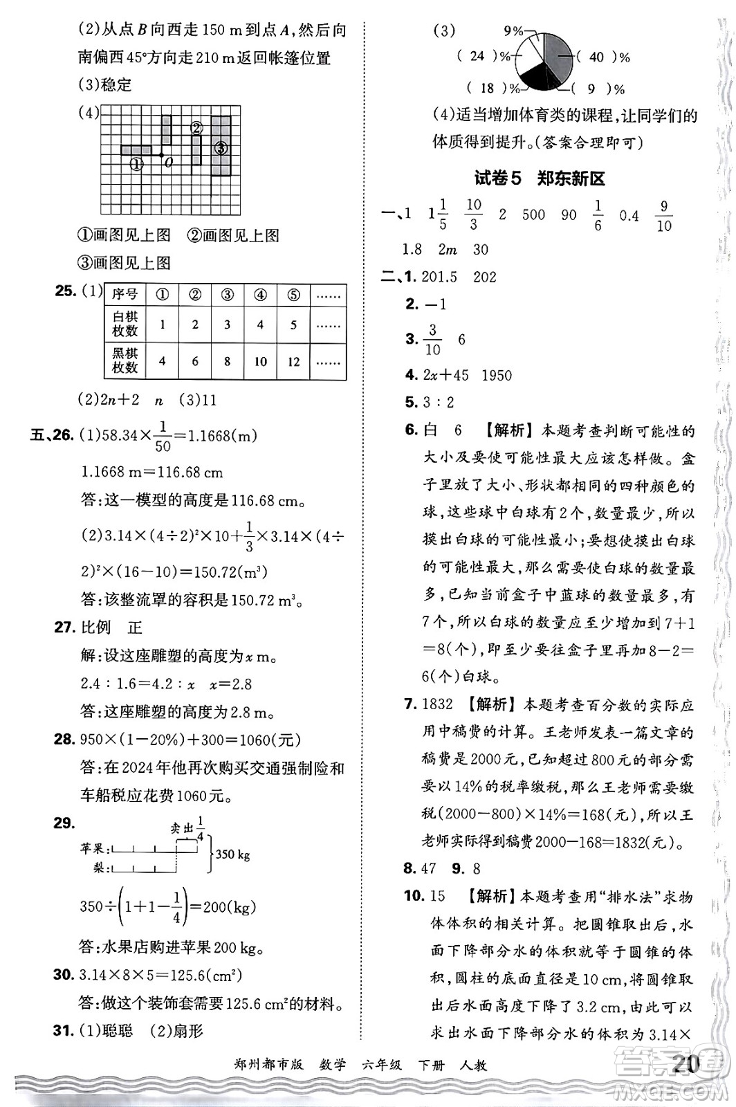 江西人民出版社2024年春王朝霞期末真題精編六年級(jí)數(shù)學(xué)下冊(cè)人教版鄭州專版答案