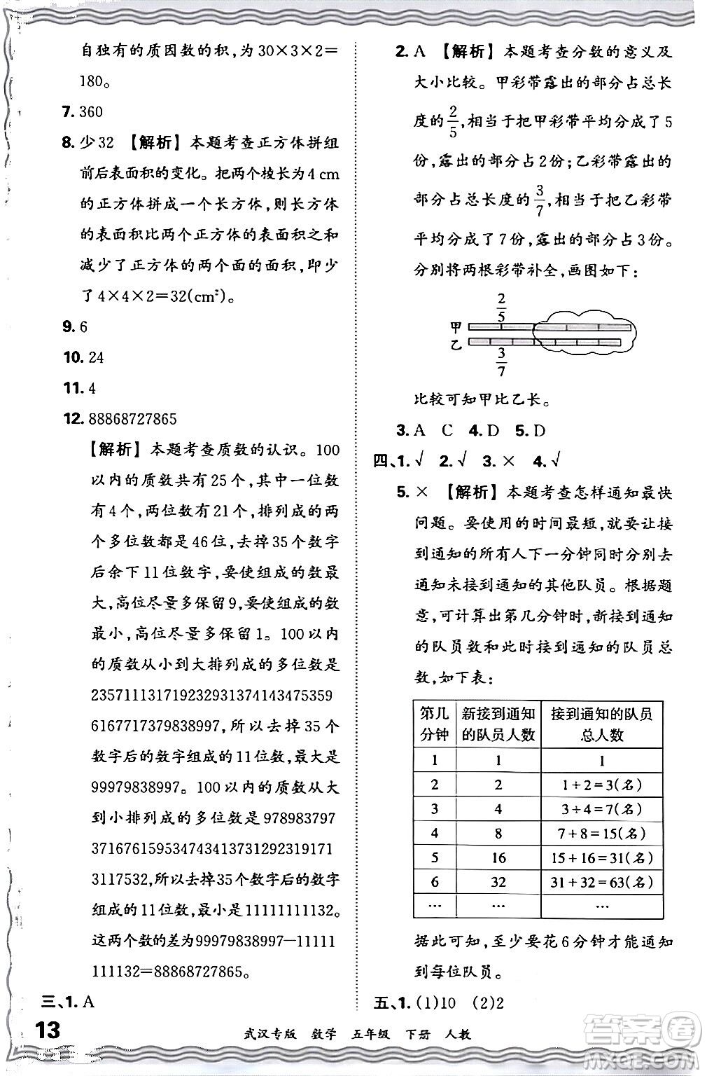 江西人民出版社2024年春王朝霞期末真題精編五年級(jí)數(shù)學(xué)下冊(cè)人教版武漢專版答案