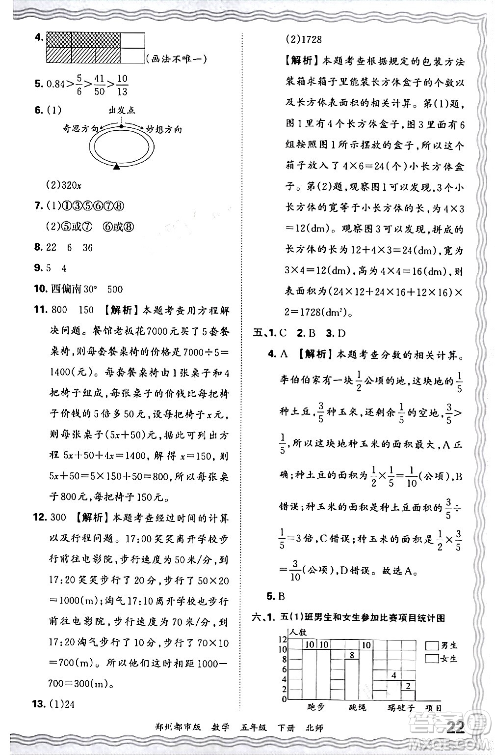 江西人民出版社2024年春王朝霞期末真題精編五年級數(shù)學(xué)下冊北師大版鄭州專版答案