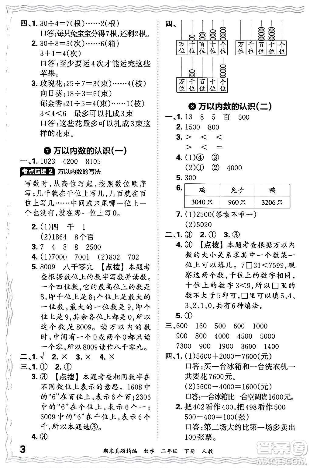 江西人民出版社2024年春王朝霞期末真題精編二年級(jí)數(shù)學(xué)下冊(cè)人教版答案