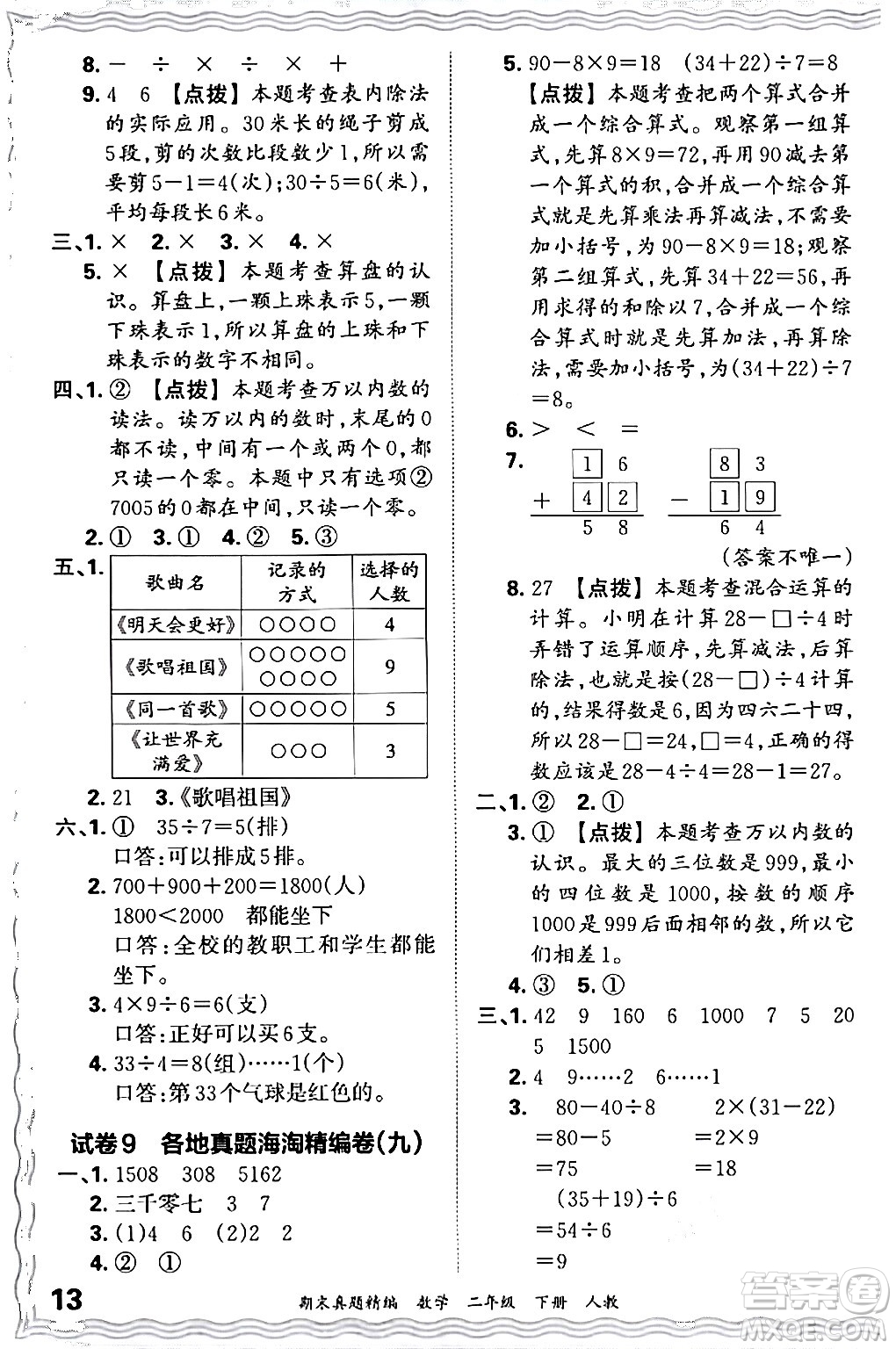 江西人民出版社2024年春王朝霞期末真題精編二年級(jí)數(shù)學(xué)下冊(cè)人教版答案