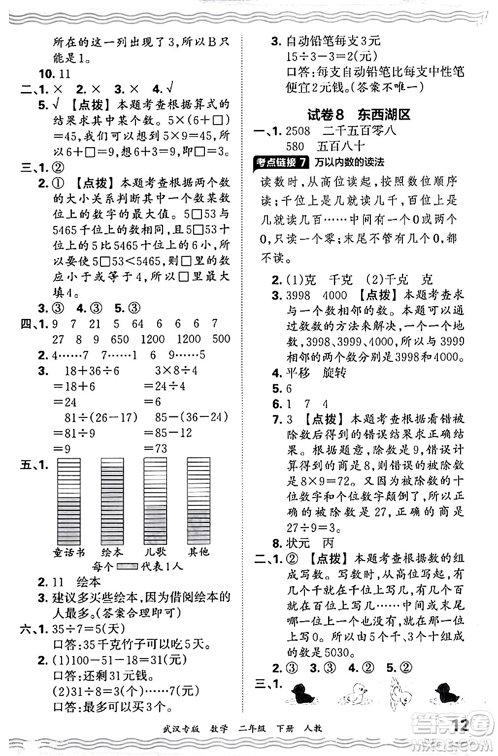 江西人民出版社2024年春王朝霞期末真題精編二年級數(shù)學下冊人教版武漢專版答案