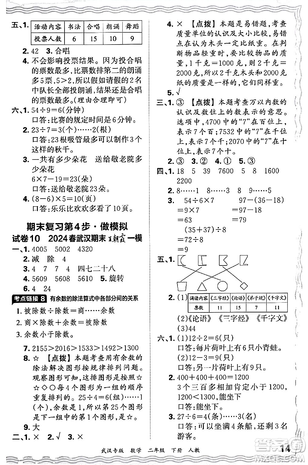 江西人民出版社2024年春王朝霞期末真題精編二年級數(shù)學下冊人教版武漢專版答案