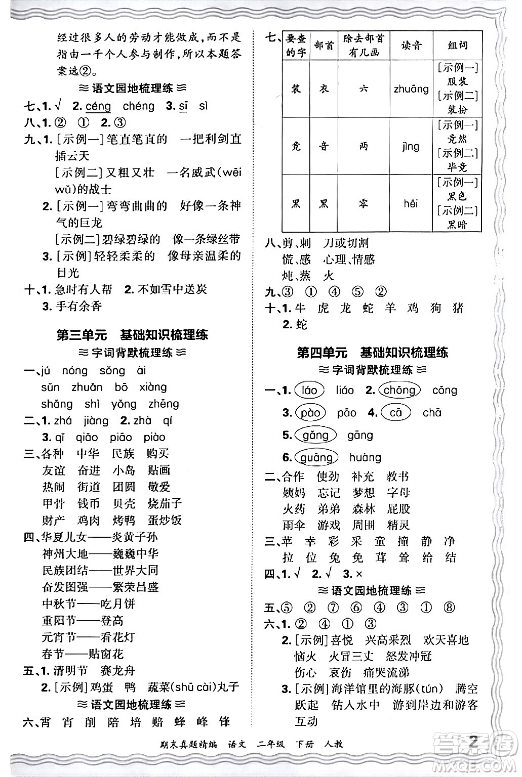 江西人民出版社2024年春王朝霞期末真題精編二年級(jí)語文下冊(cè)人教版答案