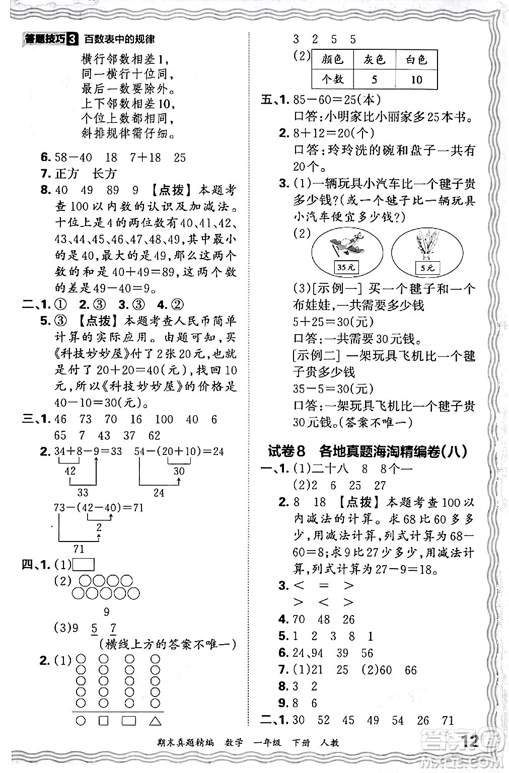 江西人民出版社2024年春王朝霞期末真題精編一年級數(shù)學(xué)下冊人教版答案