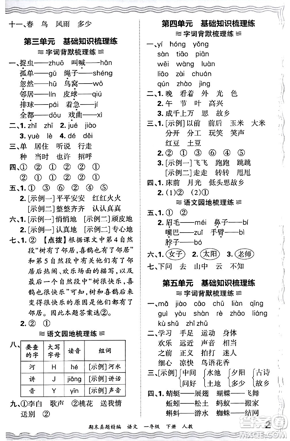 江西人民出版社2024年春王朝霞期末真題精編一年級(jí)語(yǔ)文下冊(cè)人教版答案