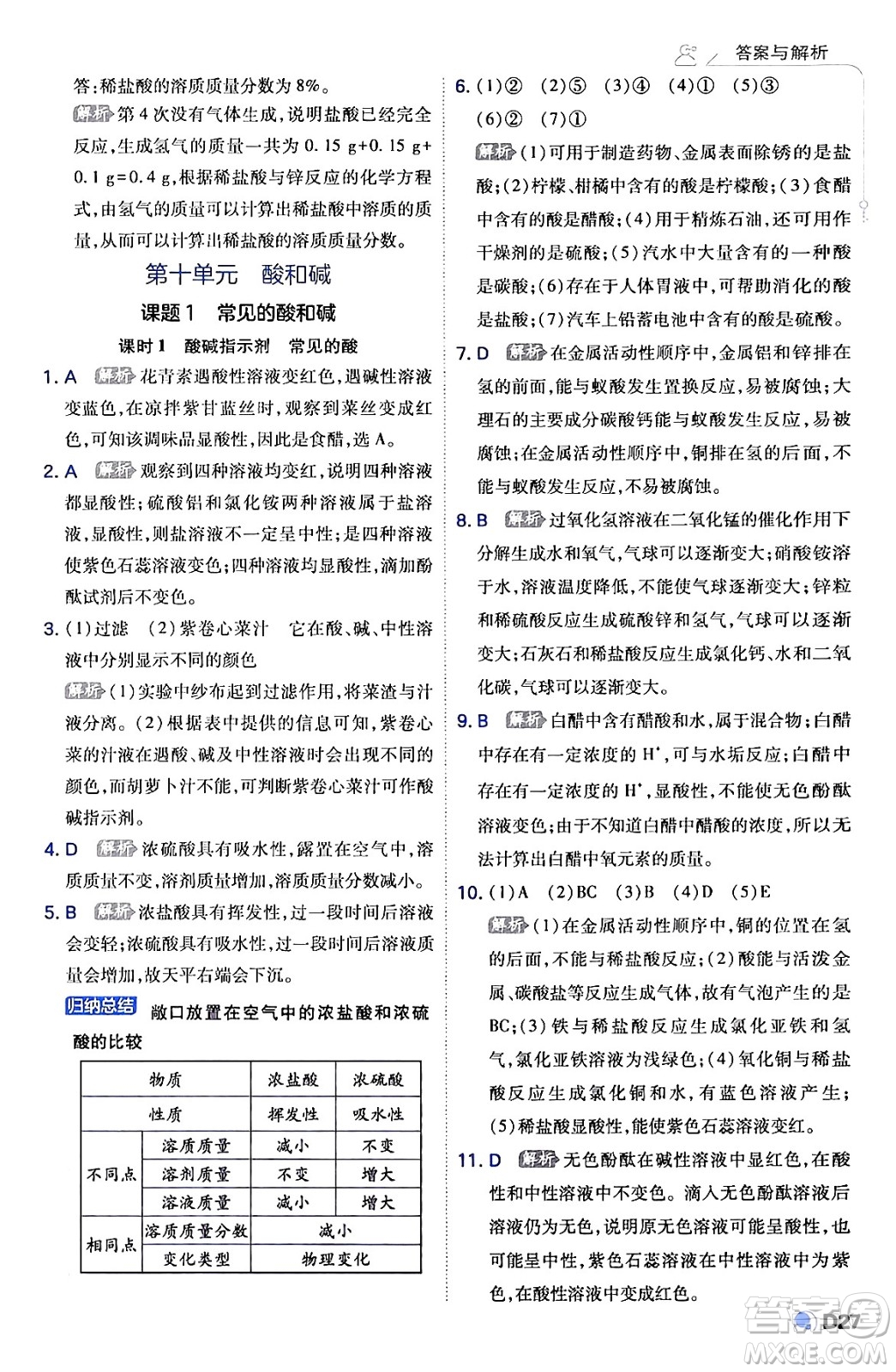 開明出版社2024年春少年班九年級化學(xué)下冊人教版答案