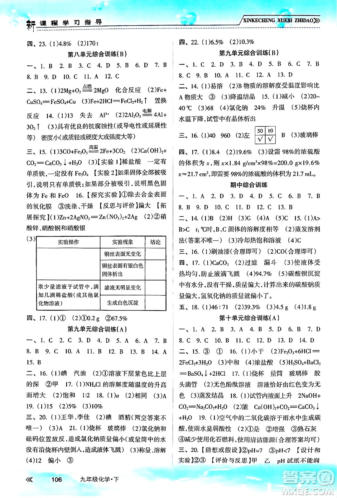 南方出版社2024年春新課程學(xué)習(xí)指導(dǎo)九年級(jí)化學(xué)下冊(cè)人教版答案