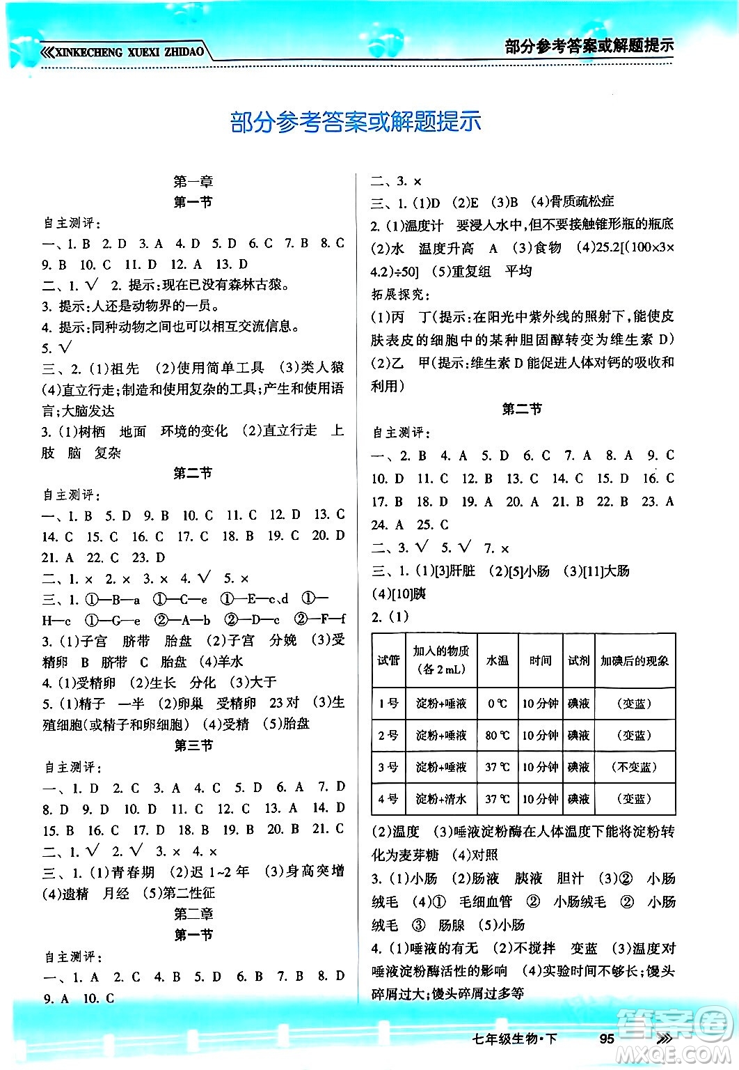 南方出版社2024年春新課程學(xué)習(xí)指導(dǎo)七年級生物下冊人教版答案