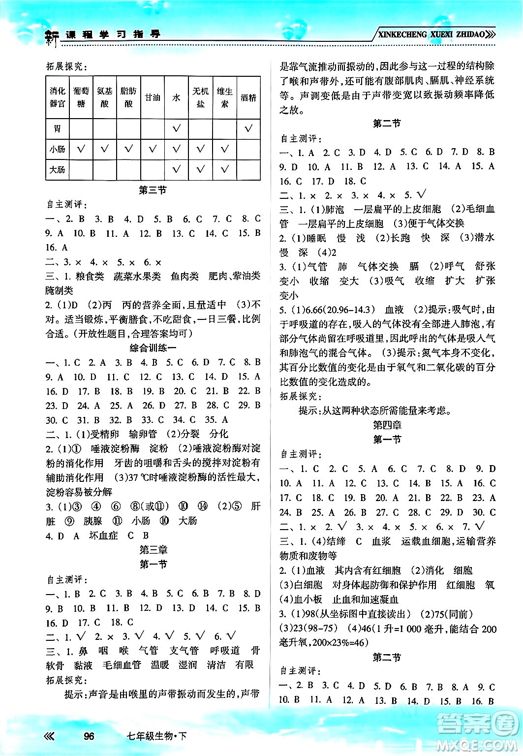 南方出版社2024年春新課程學(xué)習(xí)指導(dǎo)七年級生物下冊人教版答案