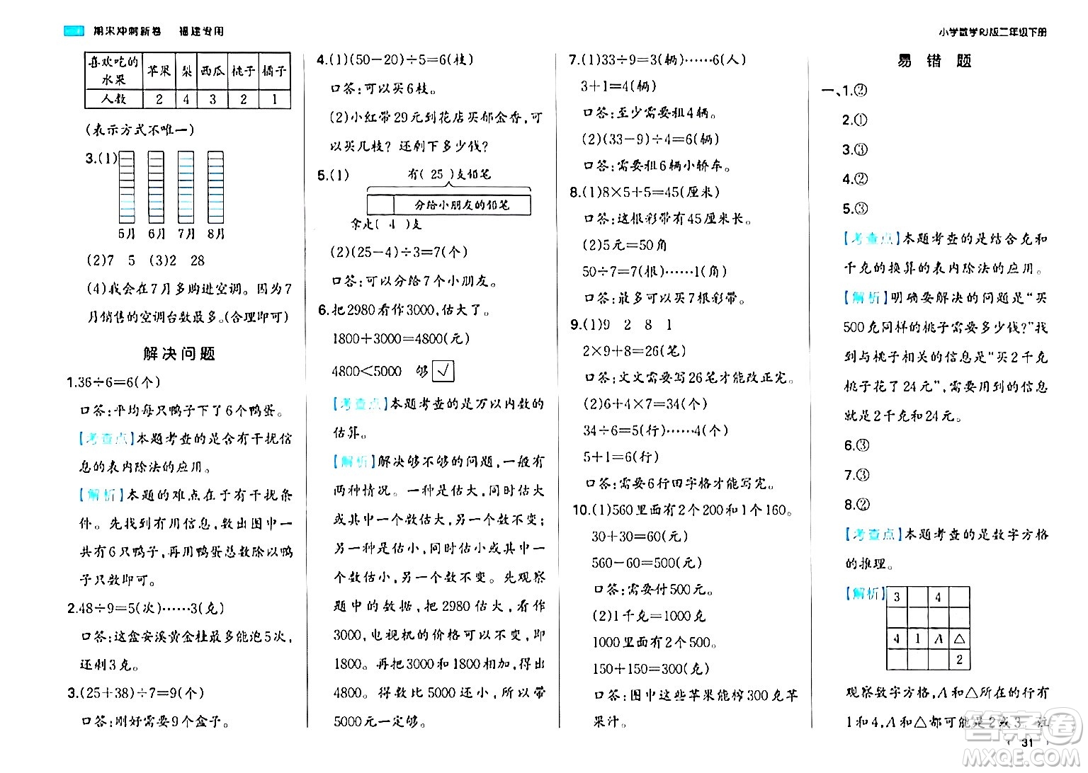 湖南教育出版社2024年春一本期末沖刺新卷二年級(jí)數(shù)學(xué)下冊(cè)人教版福建專版答案