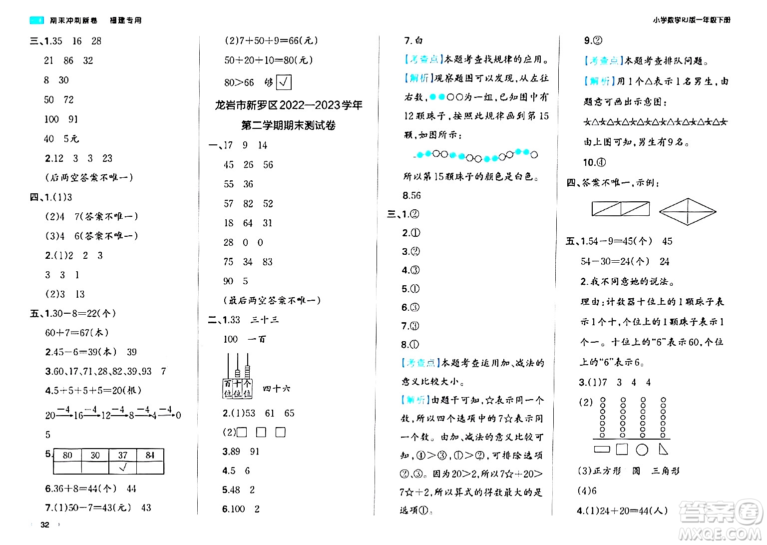 湖南教育出版社2024年春一本期末沖刺新卷一年級數(shù)學(xué)下冊人教版福建專版答案