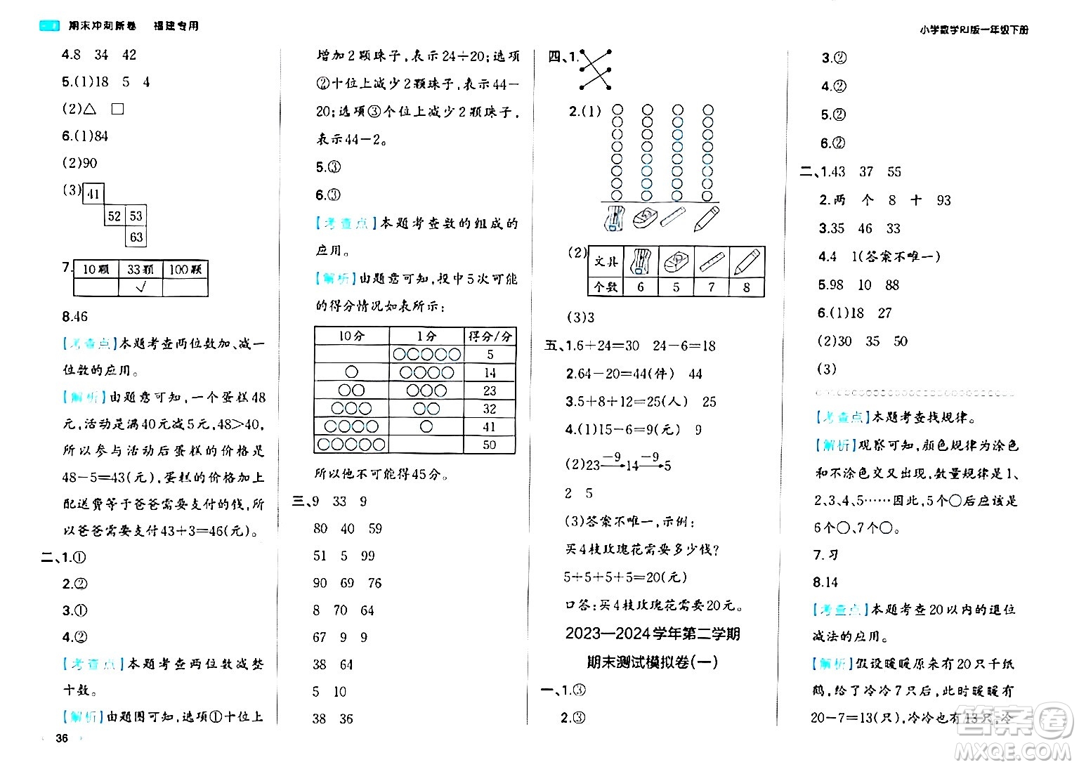 湖南教育出版社2024年春一本期末沖刺新卷一年級數(shù)學(xué)下冊人教版福建專版答案