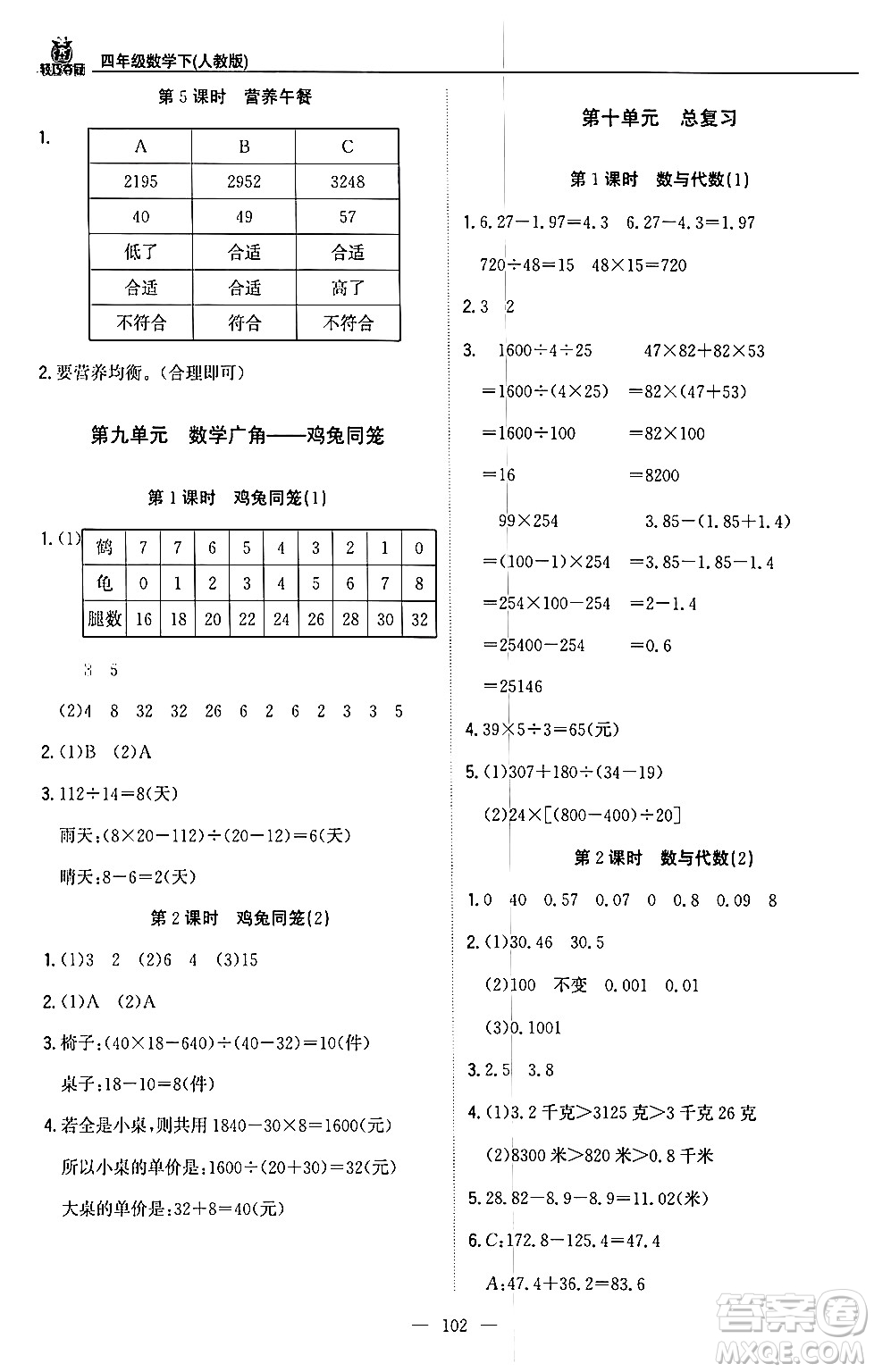 北京教育出版社2024年春1+1輕巧奪冠優(yōu)化訓(xùn)練四年級數(shù)學(xué)下冊人教版答案