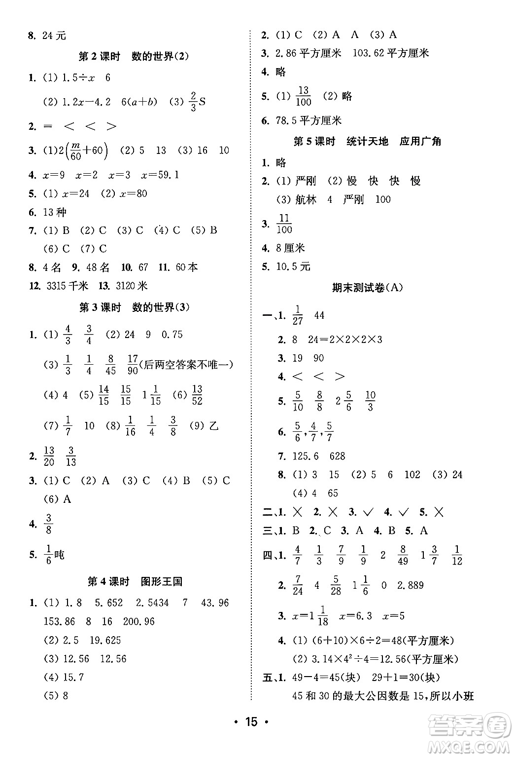 江蘇鳳凰美術(shù)出版社2024年春創(chuàng)新課時作業(yè)本五年級數(shù)學(xué)下冊江蘇版答案