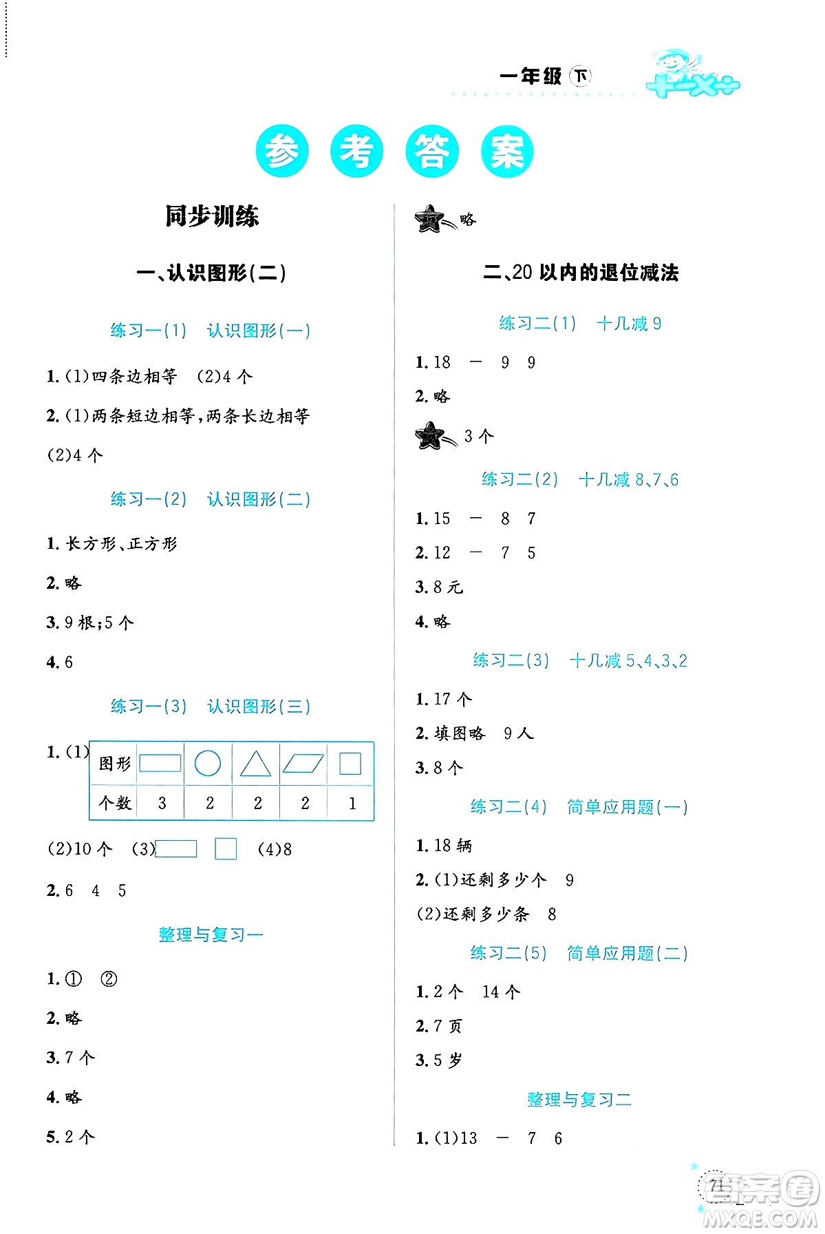 云南科技出版社2024年春小學數(shù)學解決問題專項訓(xùn)練一年級數(shù)學下冊人教版答案