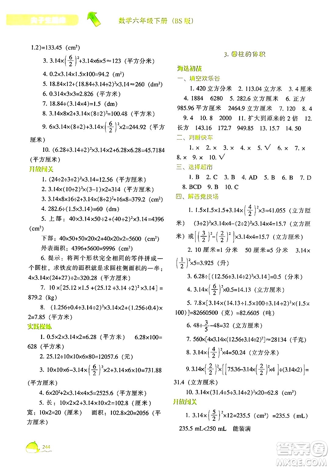 遼寧教育出版社2024年春尖子生題庫(kù)六年級(jí)數(shù)學(xué)下冊(cè)北師大版答案