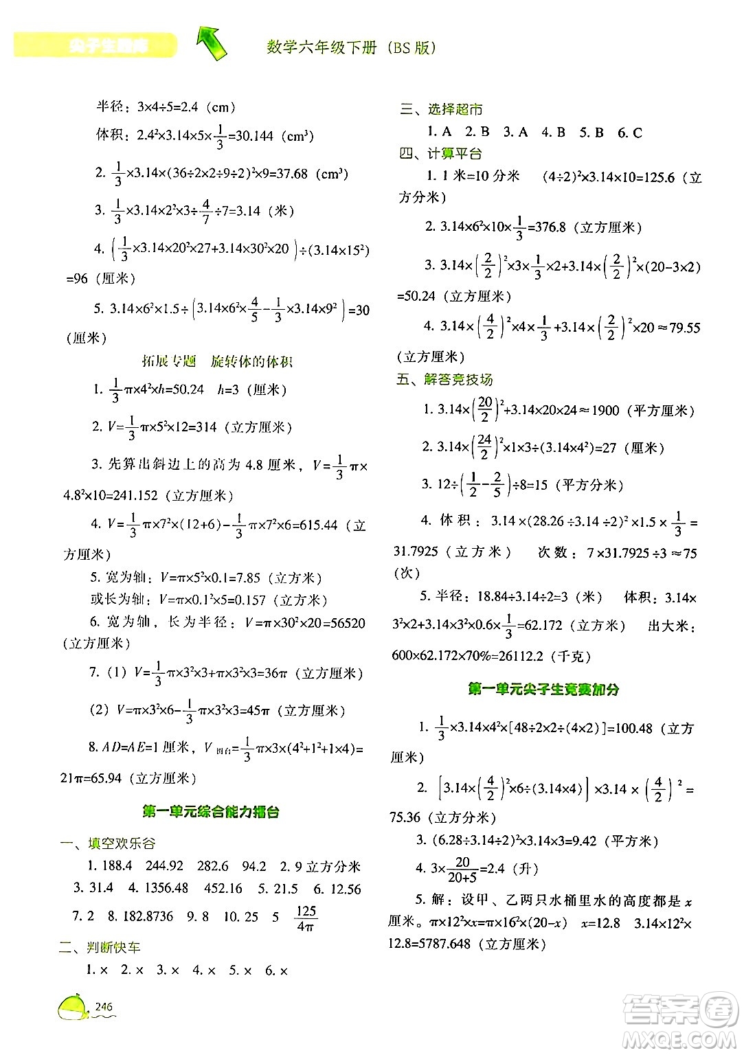 遼寧教育出版社2024年春尖子生題庫(kù)六年級(jí)數(shù)學(xué)下冊(cè)北師大版答案