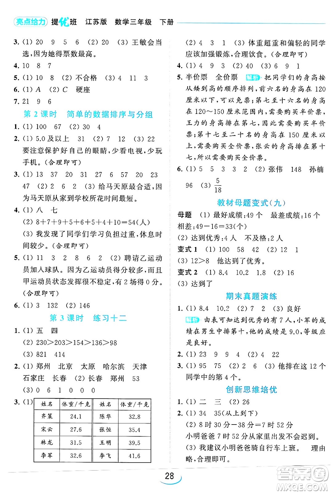 北京教育出版社2024年春亮點(diǎn)給力提優(yōu)班三年級(jí)數(shù)學(xué)下冊(cè)江蘇版答案