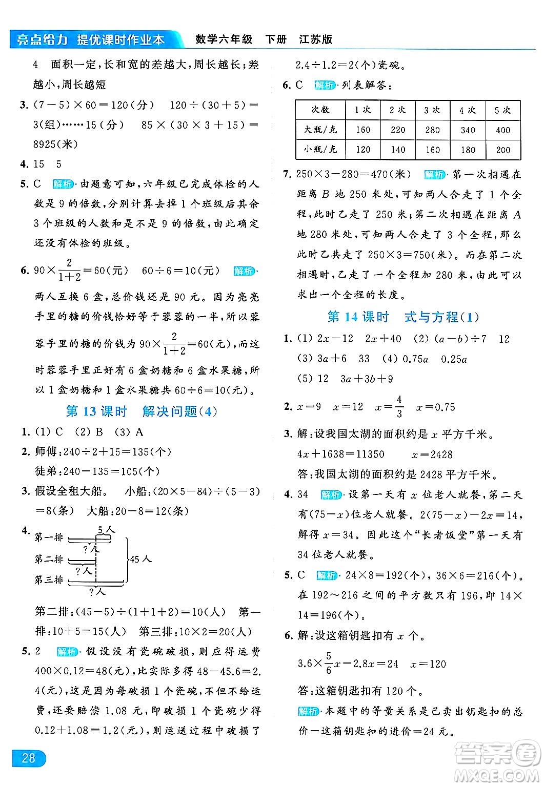 北京教育出版社2024年春亮點給力提優(yōu)課時作業(yè)本六年級數(shù)學下冊江蘇版答案