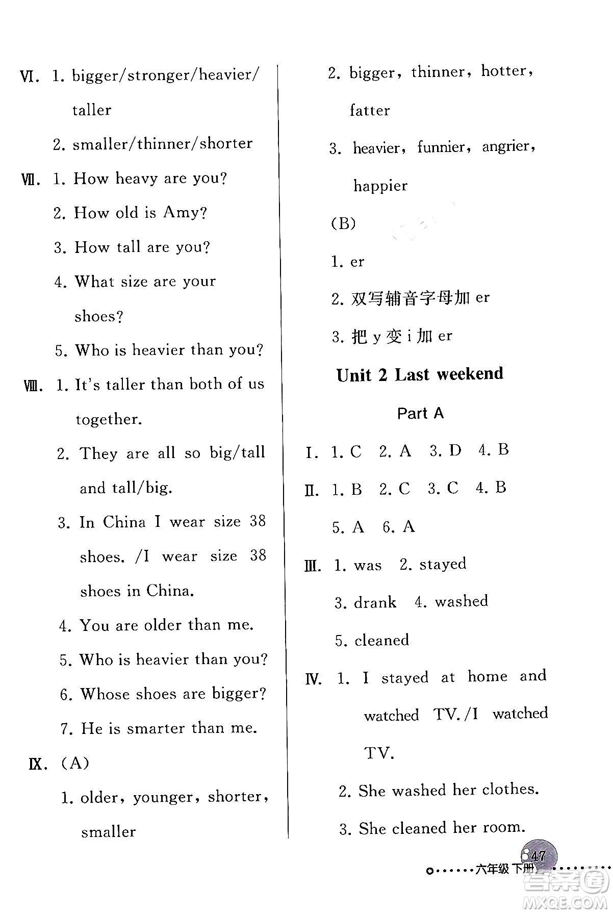 人民教育出版社2024年春英語配套練習(xí)與檢測六年級英語人教PEP版答案