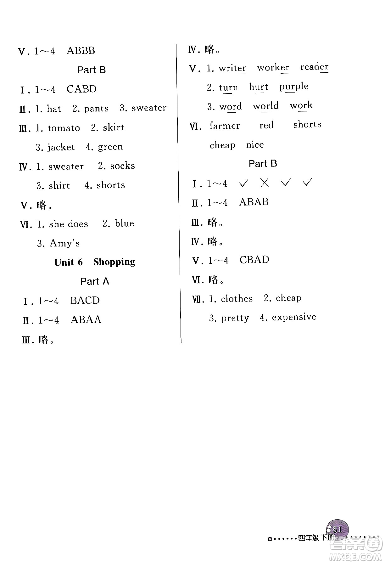 人民教育出版社2024年春英語配套練習(xí)與檢測四年級英語人教PEP版答案