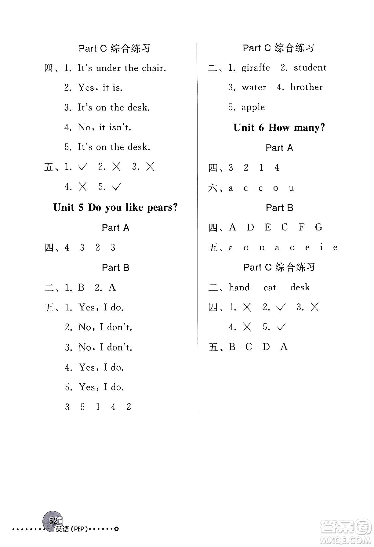 人民教育出版社2024年春英語配套練習(xí)與檢測三年級英語人教PEP版答案