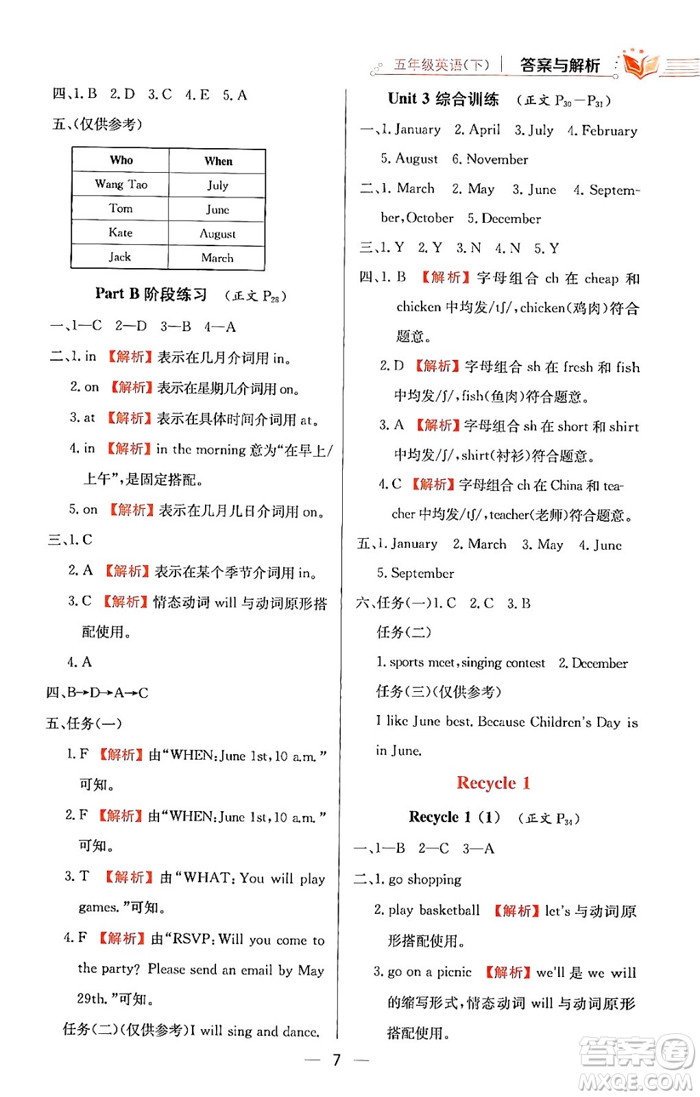 陜西人民教育出版社2024年春小學(xué)教材全練五年級英語下冊人教PEP版答案