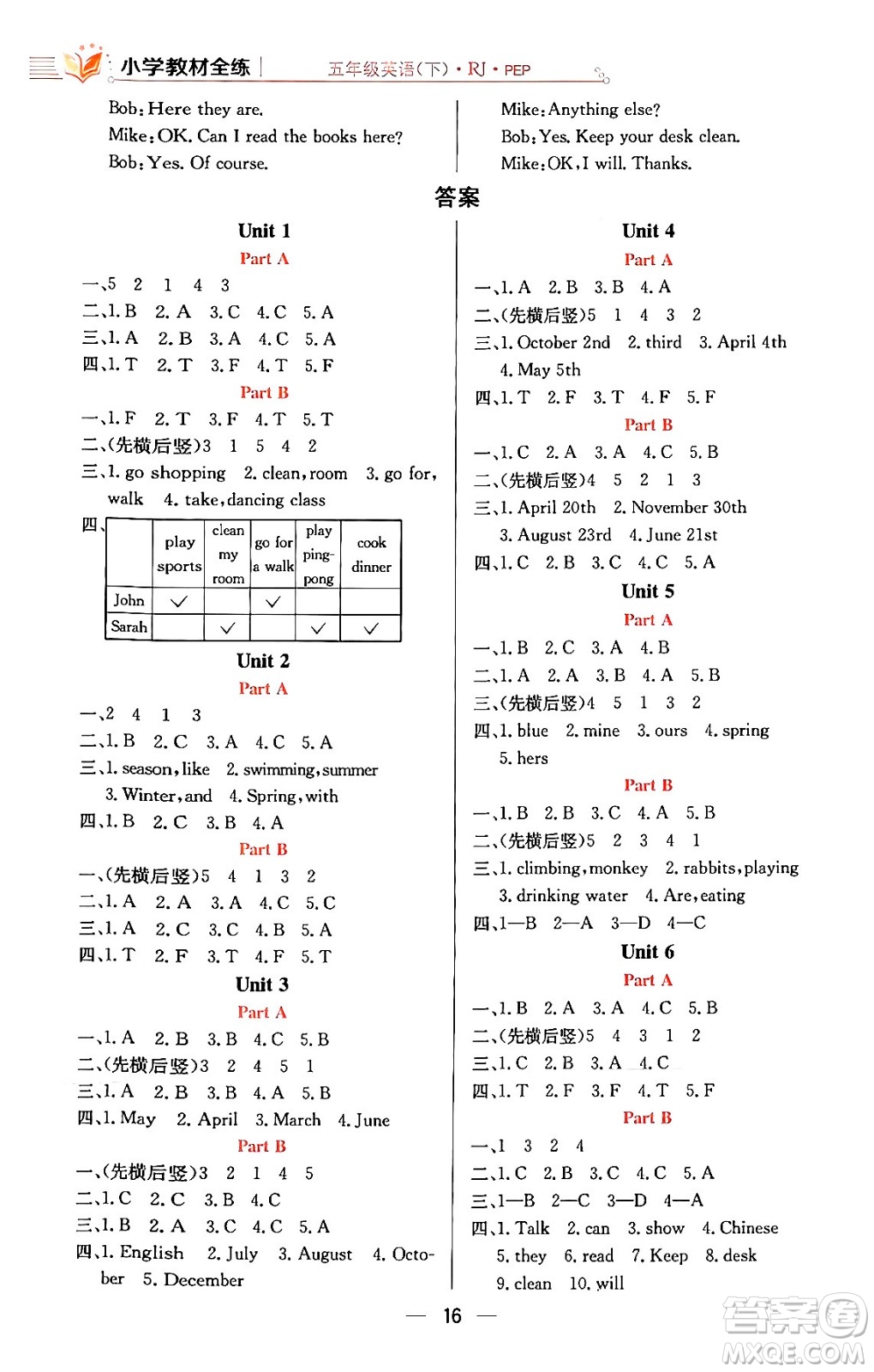 陜西人民教育出版社2024年春小學(xué)教材全練五年級英語下冊人教PEP版答案