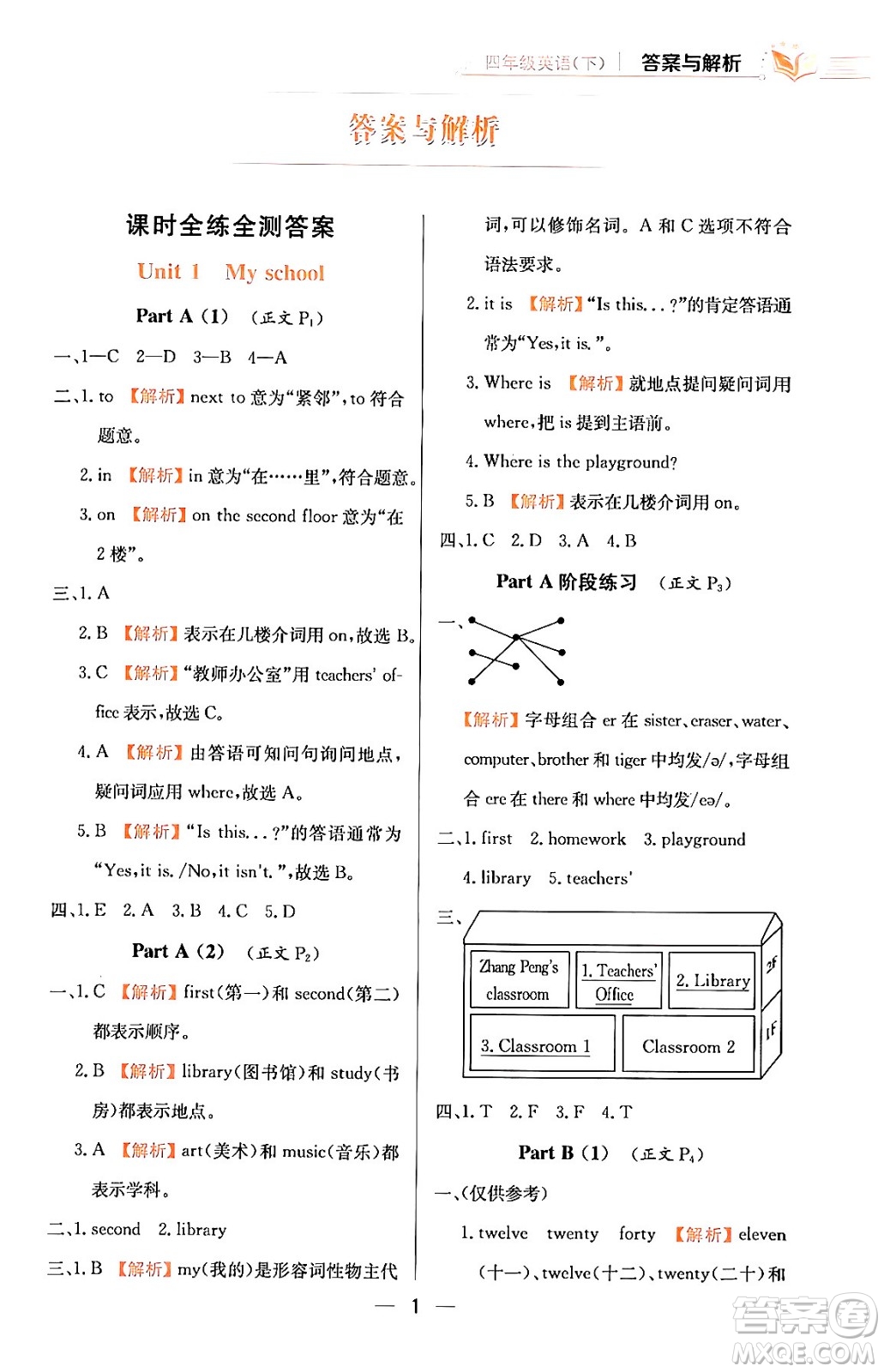 陜西人民教育出版社2024年春小學(xué)教材全練四年級(jí)英語(yǔ)下冊(cè)人教PEP版答案